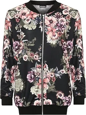 Buy Women's Plus Floral Bomber Jacket Ladies Print Long Sleeve Zip Elasticated • 17.99£