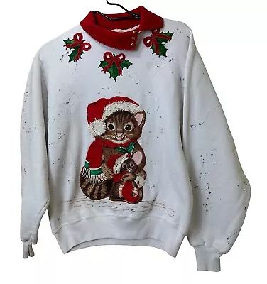 Buy Vintage Grandma Cat Mouse Christmas Sweatshirt Small Woman Collared 80’s • 9.44£