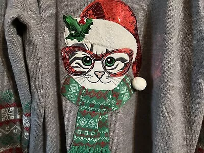 Buy Christmas Sweater Womens Cat Kitten 4x  26 28 Gray Red Knit Christmas Sequins • 28.94£