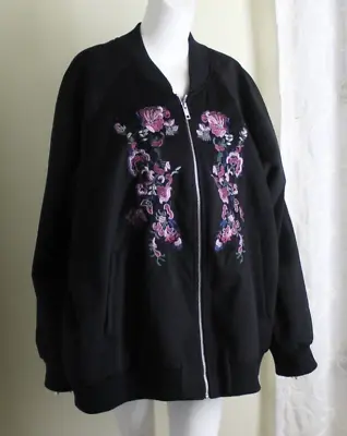 Buy New Roman's Sz 26/28 2X 3X Black Floral Embroidered Bomber Zip-Up Jacket Blazer • 69.62£