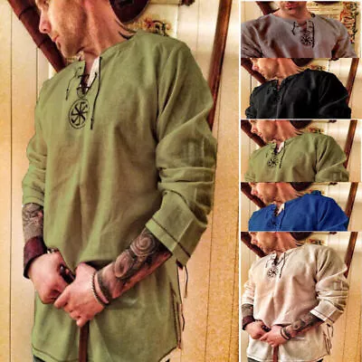 Buy Mens Medieval Renaissance Tunic Top Shirt Viking Norseman Pirate Cosplay Costume • 3.60£