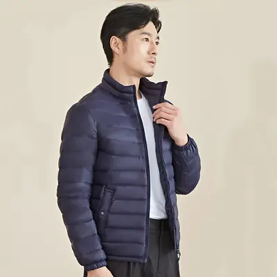 Buy Men Puffer Jacket Down Coat Solid Stand Collar Thin Leisure Top Outwear Warm Top • 55.62£