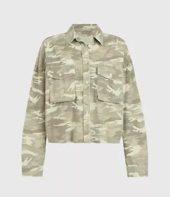 Buy AllSaints Green Sol Camouflage Denim Shirt Jacket Size 8 Cropped Camo Shacket • 69.95£