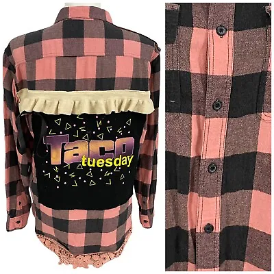 Buy Upcycled Flannel Shirt Womens 1X Taco Tuesday Pink Check Country Grunge Camp • 41.44£