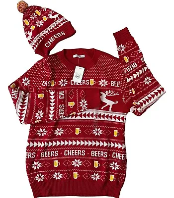Buy !!FLASH SALE!! Ugly Cmas Sweater With Beanie - Beer Theme  Size L NEW REDUCED $$ • 23.62£