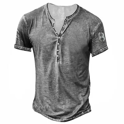 Buy Mens Summer Henley Casual Tee Tops Short Sleeve V Neck Holiday Pullover T Shirt • 12.89£