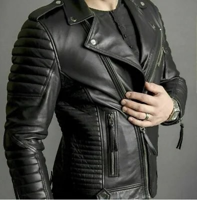 Buy Men's Leather Jacket Genuine Lambskin Black Biker Quilted Slim Fit Jacket • 97£