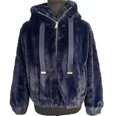 Buy Philosophy Dark Blue Faux Fur Zip Front Hooded Soft Jacket, Size XS • 33.15£