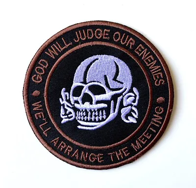 Buy GOD WILL JUDGE OUR ENEMIES Biker Skull Embroidered Iron On Sew On Patch Badge  • 2.19£
