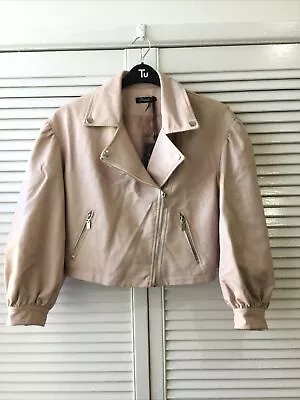Buy BNWT Papillon Pale Pink Faux Leather Cropped Biker Jacket Size S • 14.99£