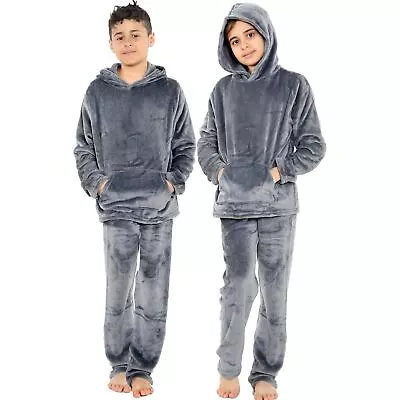 Buy Girls Boys Charcoal Warm Fleece Hooded Pyjamas For Sleepover 2 Piece Gift Set • 14.99£