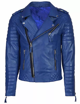 Buy Genuine Lambskin Leather Blue Brando Biker Rock Punk Style Jacket • 99.99£