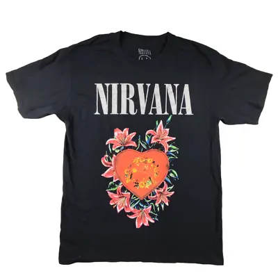 Buy Official Nirvana Floral Heart Shaped Box T Shirt Size S/M Navy Unisex Glitter • 24.99£