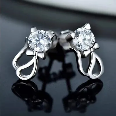 Buy 925 Sterling Silver Cute Crystal CZ Cat Stud Earrings Women Girls Jewellery Gift • 3.16£