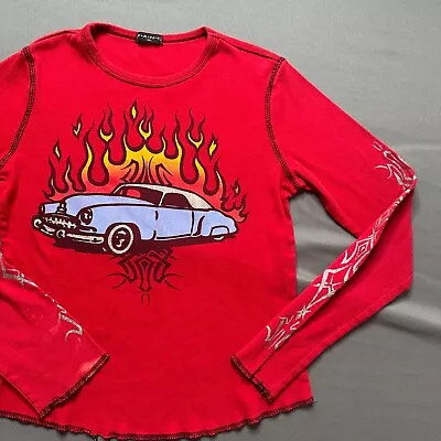 Buy Vintage Y2K Shirt Womens M Red Long Sleeve Cropped Hot Rod Flames Chrome 2000s • 18.03£