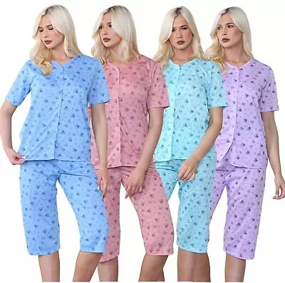 Buy Ladies Capri Pyjama Set Floral Printed V-Neck Buttons Through Cropped PJs • 10.95£