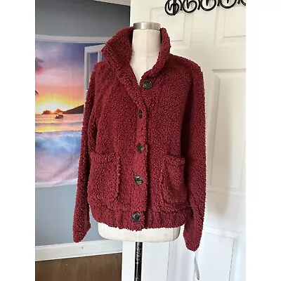 Buy NWT Harlow And Rose Burgundy Button Down Fuzzy Teddy Sherpa Jacket Large • 14.21£