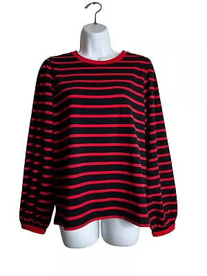 Buy Rae Feather Striped T-shirt Size Small Long Sleeve Black Red Oversized Puff • 12£