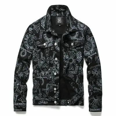 Buy Men Black Denim Coats Long Sleeve Coat Floral Denim Casual Male Top Jackets New • 32.39£