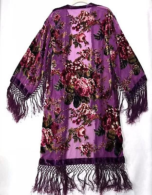 Buy 💜💜Vintage Gypsy Purple Velvet Burnout, Beaded Florals & Fringe Kimono L💜💜 • 78.74£