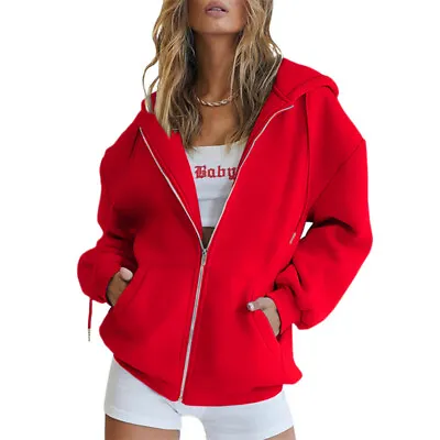 Buy Women Long Sleeve Hoodie Sweatshirt Solid Ladies Hooded Sport Loose Zipper Top • 11.99£