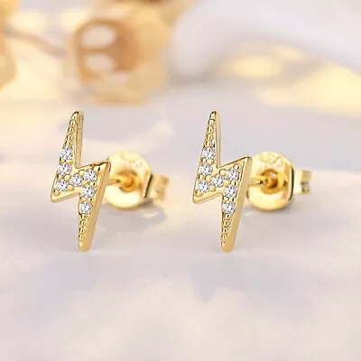 Buy Shiny Gold Plated Lightning Bolt CZ Stud Earrings Women Girl Jewellery Gift UK • 3.29£