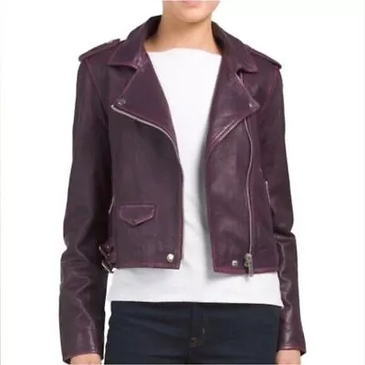 Buy Amaryllis Leather Moto Jacket Purple Distressed Asymmetric Zip S Women • 109.41£