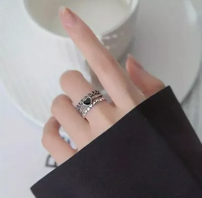Buy Retro Black Heart Adjustable Ring Silver Women Love Ring Jewellery Gift Idea • 2.99£