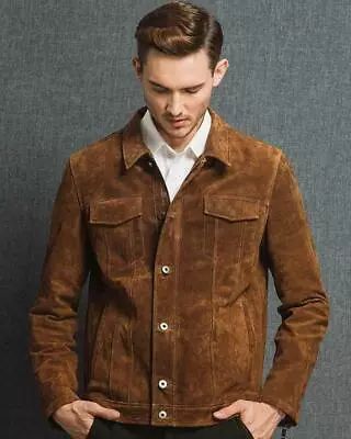 Buy Leather Trucker Jacket For Men Brown Pure Suede Custom Made Size S M L XXL 3XL • 144£