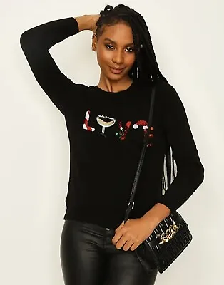 Buy Select Womens Jumper Christmas Fun Sequin Love  Knit Lightweight Xmas Christmas  • 12£