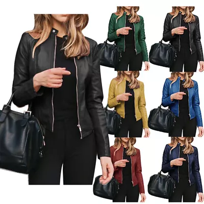 Buy Women's Biker Jacket Slim Ladies Faux PU Leather Zip Formal Coat Plus Size UK • 19.67£