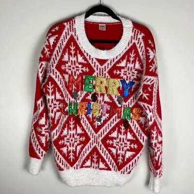 Buy Holiday Time Tacky Fuzzy Christmas Sweater Merry Christmas Glitter Large L Red • 23.68£