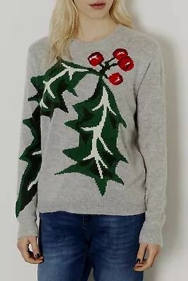 Buy BNWT Topshop Grey Soft Angora Mix Holly Leaf Christmas Jumper - Size 8 • 69.99£