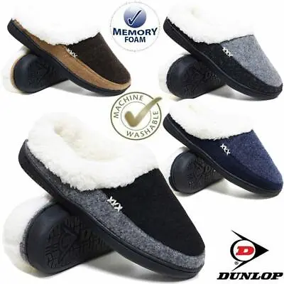 Buy Dunlop Mens Slippers Winter Warm Fur Cosy Memory Foam Indoor Slip On Shoes Size • 11.95£