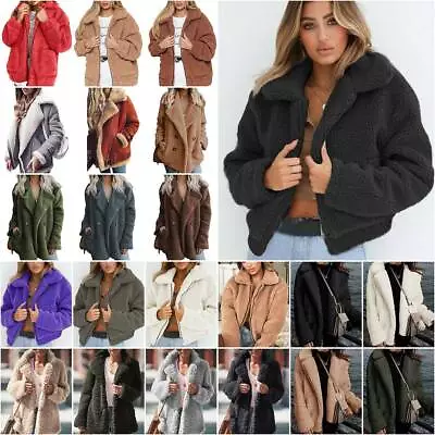 Buy Mujer Damens Teddy Bear Jackets Fleece Coat Winter Warm Faux Fur Fluffy Outwear~ • 13.99£