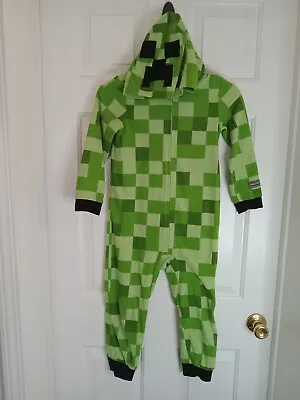 Buy Minecraft Boys Creeper Pajamas Green Zip Up Hooded Long Sleeve Size 6/7 Faded • 7.20£