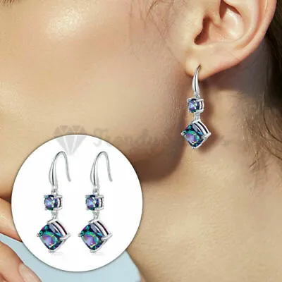 Buy Women 925 Sterling Silver Rainbow Mystic Cube Topaz Dangle Drop Earrings Jewelry • 4.99£