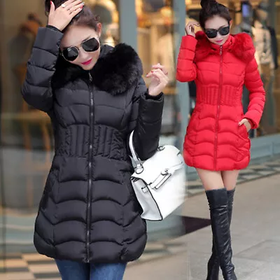 Buy Puffer Winter Ladies Jacket Fur Hooded Padded Quilte Coat Women Long Parka Coat • 29.58£