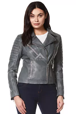 Buy Ladies Real Leather Jacket Grey Stylish Fashion Designer Soft Biker Style 9334 • 93.66£