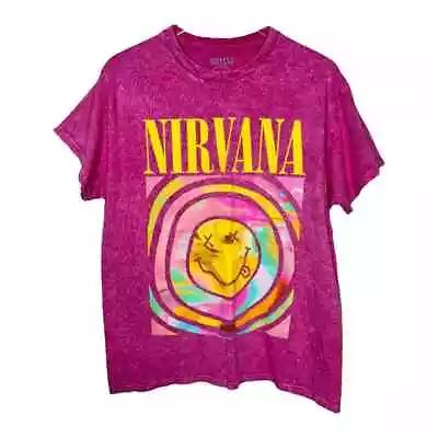 Buy Nirvana Pink Graphic Band Tee Large Oversized Smiley Face Happy Trendy • 23.62£