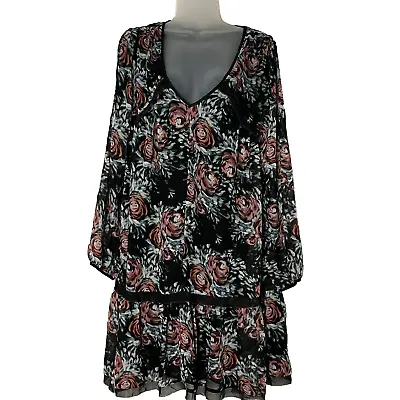 Buy Maeve Dress Size Large Knee Black Floral Multi V Neck Semi Sheer Boho Flowy Y2K • 24.10£