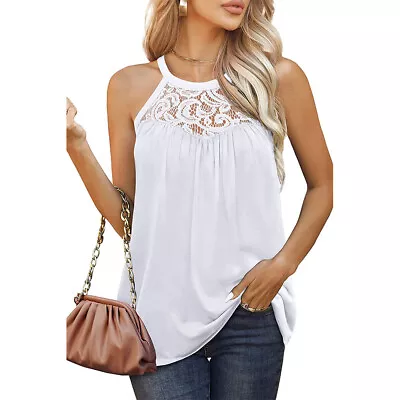 Buy Womens Lace T-Shirts Tops Casual Tank Vest Loose Fit Strappy Sleeveless • 8.89£
