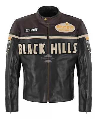 Buy Black Hills Mens Racing Leather Jacket Casual Fashion Biker Style  Badges Jacket • 129.99£
