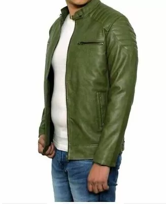 Buy Green Slim Fit Leather Jacket For Men Bikers Motorcycle Men Racer Leather Jacket • 123.66£