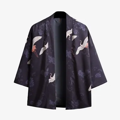 Buy Womens Black Loose Kimono Cardigan Jacket Crane Print Cotton Coat Top M Size • 14£