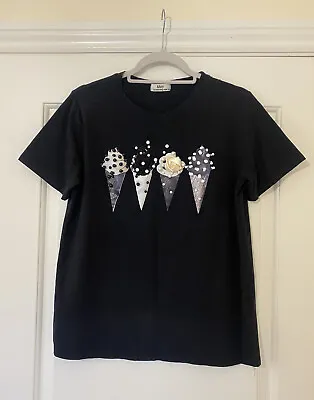 Buy MAY By Shining Star Icecream Tshirt  Black With Bead Detail Size S/M • 10£