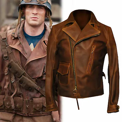 Buy The First Avengers Captain America Pilot Flying Distressed Biker Leather Jacket • 117.13£