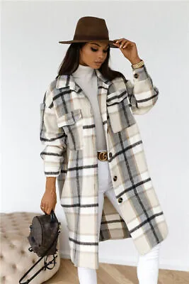 Buy Ladies Shacket Coat Checked Casual Long Jacket Tunic Oversized Top Fleece Shirt • 27.59£