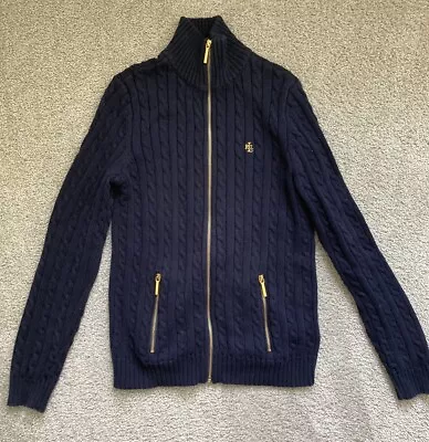 Buy EUC! Lauren Ralph Lauren Women's Navy Gold Cable Knit Full Zip Sweater Size XS • 28.34£