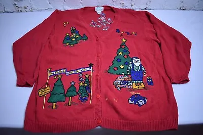 Buy Quacker Factory Red Country Christmas Tree Santa Grandma Cardigan Sweater Sz 1X • 14.24£